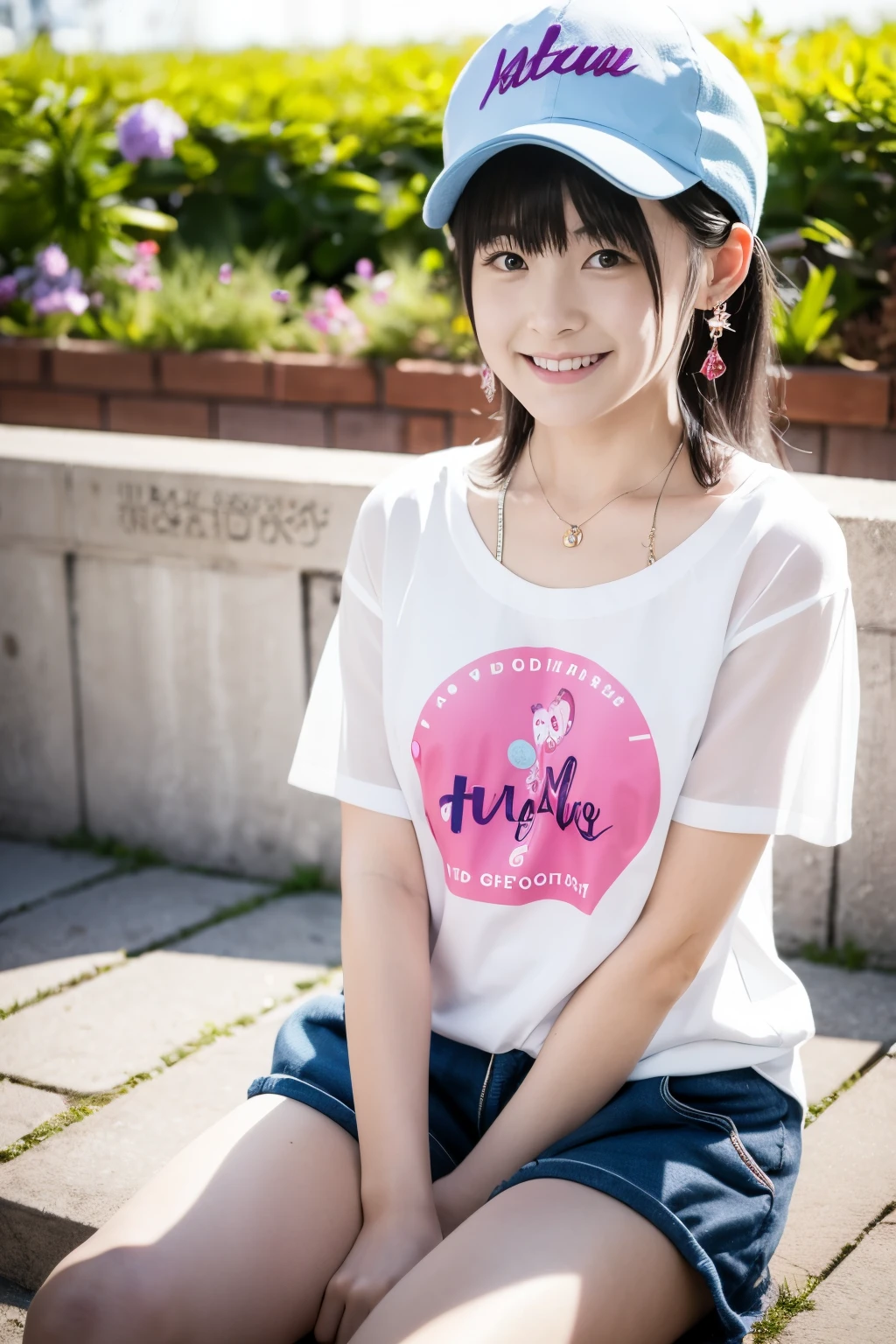 Highest quality,Ultra-high resolution,masterpiece,live-action,8K,One Girl,alone,Cute anime girl in casual clothes,cap,Shorts,T-Shirts,accessory,whole body,Perfect and ultimate idol,Urban area,Sparklinging,The light is shining,Sparkling,Detailed face,Fine grain,Perfect and beautiful face,A beautiful girl who fascinates everyone,Outdoor Concert