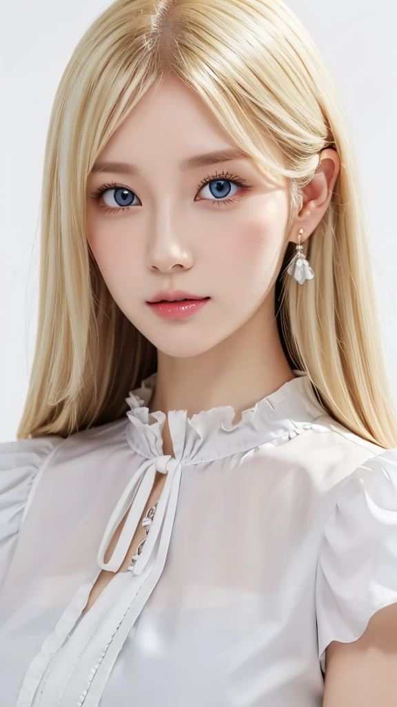 (((White Blonde、forehead、White background、Frilled blouse)))、Beautiful and fair、Glowing Skin, 3 Up, nice, bright, Refreshing and gentle look, Perfect beautiful face、White Blondeのロングヘア,Beautiful shiny bangs, Very beautiful girl, eyeliner, So perfect and beautiful、Lovely large, clear, sky-blue eyes,Very large breastuscular body,