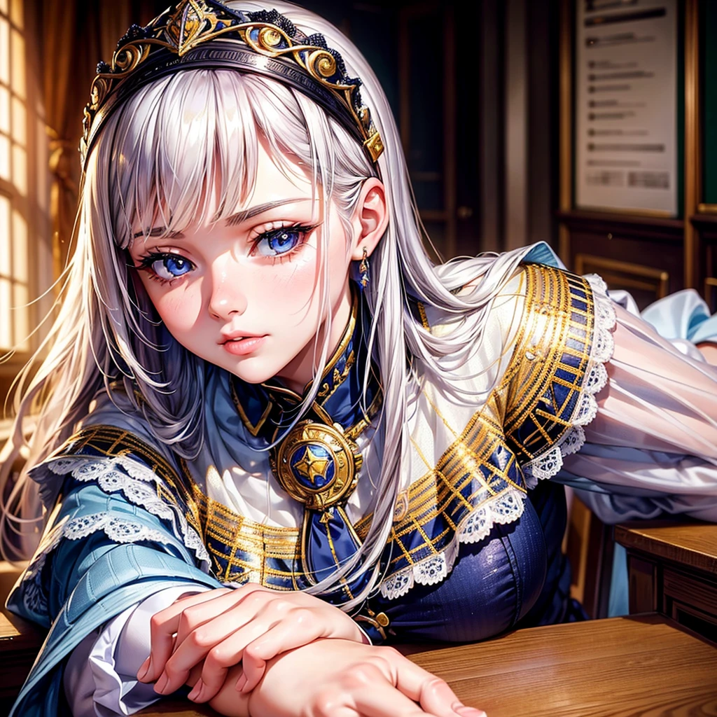 a beautiful young girl Alisa Mikhailovna Kujou, sitting in her classroom, detailed face, beautiful eyes, long eyelashes, beautiful lips, elegant , detailed background, high school classroom, realistic, photorealistic, 8k, masterpiece, intricate details, vibrant colors, natural lighting, cinematic composition