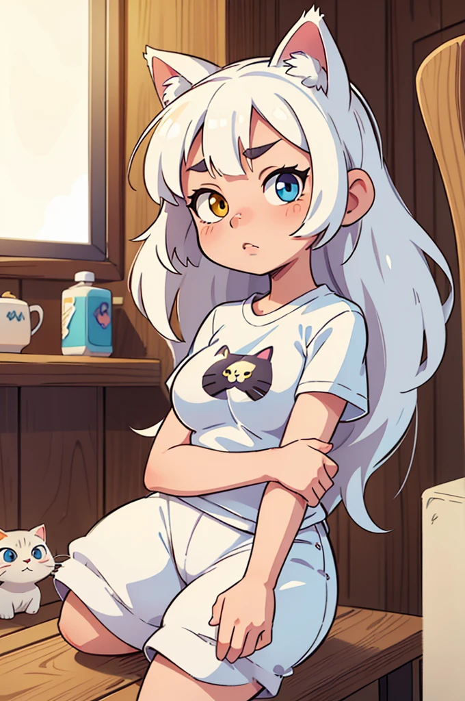 1 female, small teen cat girl, realistic lips oversized white t-shirt going all the way to the thighs, arms crossed propping up breast, hourglass figure, white eyes, flowy hair, wite hair, annoyed, cat ears, in a cabin, best quality