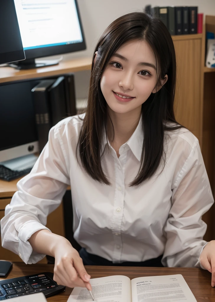 (Realistic, photo-Realistic:1.37),(8K, RAW Photos, Highest quality, masterpiece:1.2), cute, Ultra-detailed, Ultra-high resolution, Kodak Vision Color, Filmed with an Arricam LT camera, Bokeh, Sharp focus, Watching the audience,photoRealistic,Realistic, alone, photoRealistic, Highest quality,Highly detailed face,Highly detailed eyes and face, Detailed and beautiful eyes,Absurd, incredibly Absurd,An unforgettable smile,Medium Hair,22 years old、slender、Japanese、office、A woman working overtime at the office、computer、officeチェアに座って仕事をしている、Surrounded by many books and papers、Serious expression、