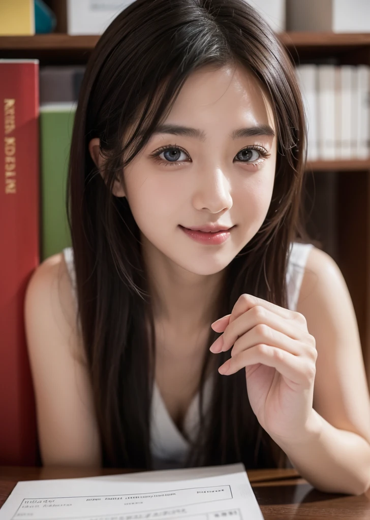 (Realistic, photo-Realistic:1.37),(8K, RAW Photos, Highest quality, masterpiece:1.2), cute, Ultra-detailed, Ultra-high resolution, Kodak Vision Color, Filmed with an Arricam LT camera, Bokeh, Sharp focus, Watching the audience,photoRealistic,Realistic, alone, photoRealistic, Highest quality,Highly detailed face,Highly detailed eyes and face, Detailed and beautiful eyes,Absurd, incredibly Absurd,An unforgettable smile,Medium Hair,22 years old、slender、Japanese、office、A woman working overtime at the office、computer、officeチェアに座って仕事をしている、Surrounded by many books and papers、Serious expression、