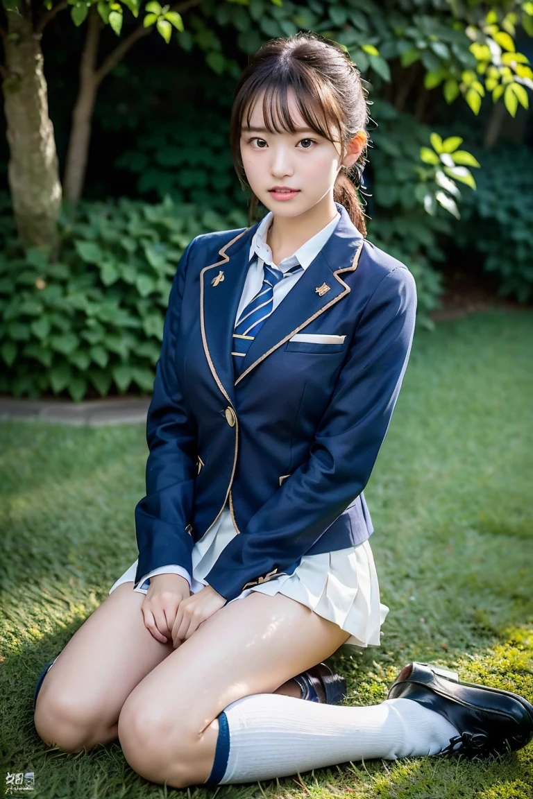 high detail、high quality、8K Photo、Japanese high school girls、One beautiful girl、In uniform、(Brown blazer、Blue checked pleated skirt、Navy blue knee socks、Brown Loafers、ponytail、Double eyelids、White panties)、(Sitting on the grass、Raise your knees and sit with your buttocks on the ground1.5)
