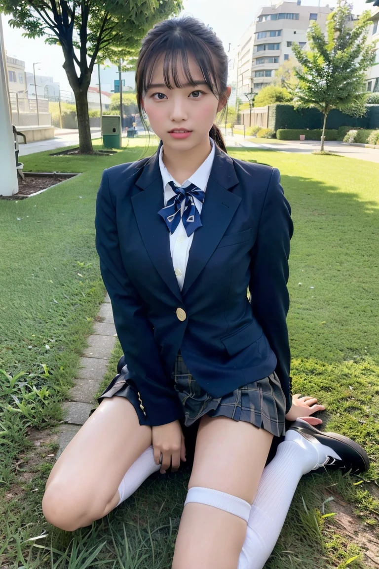 high detail、high quality、8K Photo、Japanese high school girls、One beautiful girl、In uniform、(Brown blazer、Blue checked pleated skirt、Navy blue knee socks、Brown Loafers、ponytail、Double eyelids、White panties)、(Sitting on the grass、Raise your knees and sit with your buttocks on the ground1.5)