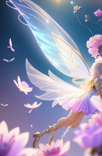 1 hole,Beautiful Transparent Flower Fairy, Transparent colored wings, The wand vibrates in the wind、The wand glowed with starlight,Golden wand,beautiful blue sky and white clouds、Girls have transparent wings、smile gently、beautiful garden background、Smooth and transparent,anatomical correct, delicate pattern,Pink space, soft lighting, ( bokeh),work of art, super verbose, epic composition, highest quallity, 8K,Epic Romantic Fantasy Digital Art,Epic fairytale fantasy digital art,Mythological fantasy,UHD resolution,Detailed detailed drawing,realistically,very realistic,cinematic lighting,an award-winning photograph,rich colors,hyper-realistic lifelike texture,dramatic lighting