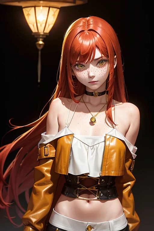 1 23 year old girl,fair skin with freckles on the face , with long red hair, gold cat eyes/ yellows  , wearing a small and delicate choker, with a small pendant, wearing a short brown leather jacket, wearing a blouse, on a dark background, mocking facial squeezing, slim body