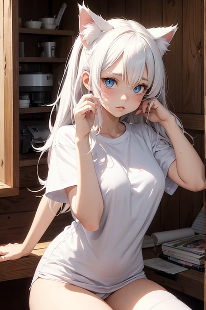 1 female, small cat girl, puffy cheeks, realistic lips oversized white t-shirt going all the way to the thighs, arms crossed propping up breast, hourglass figure, heterochromia eyes, cat pupils, flowy hair, white hair, annoyed, cat ears, in a cabin, best quality