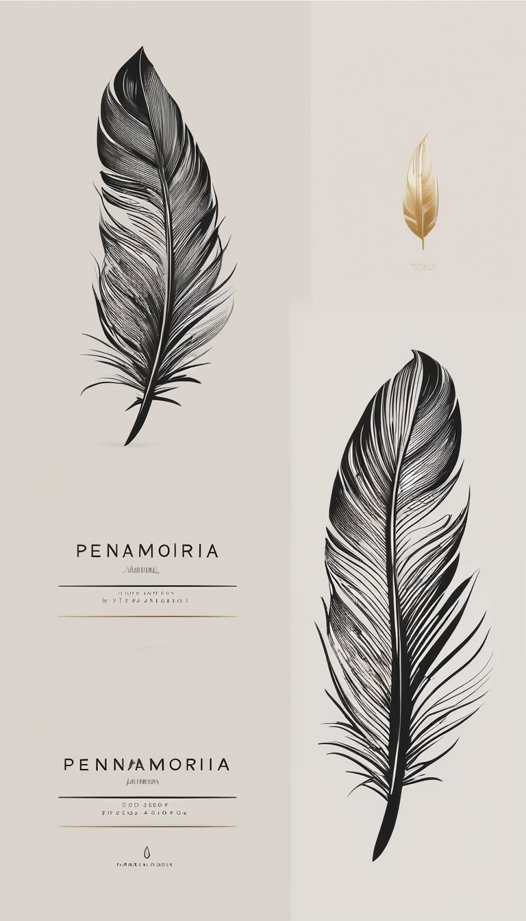A minimal, modern, simple, cinematic logo design for the brand “Penamemoria". Create a modern, minimalistic, high-quality, logo of a feather. The logo must convey a sense of dreams, stories, memories, music and imagination.