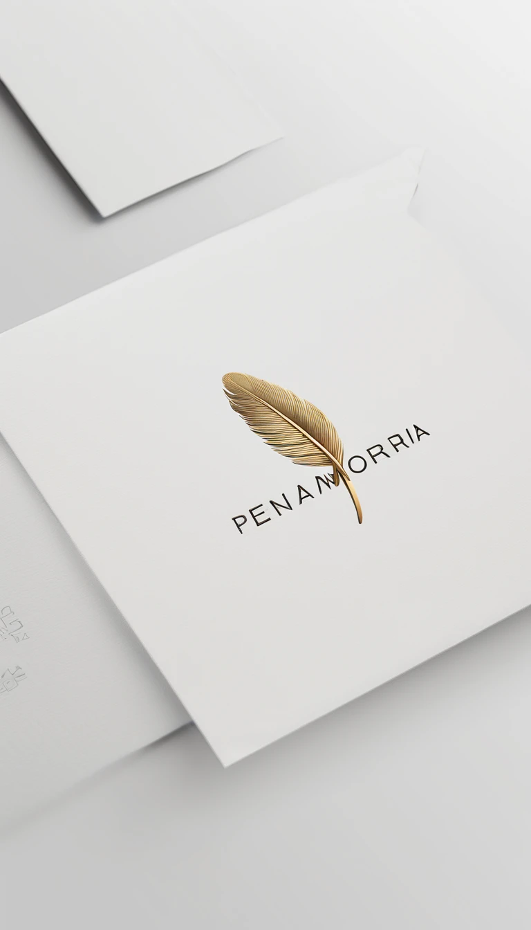 A minimal, modern, simple, cinematic logo design for the brand “Penamemoria". Create a modern, minimalistic, high-quality, logo of a feather. The logo must convey a sense of dreams, stories, memories, music and imagination.