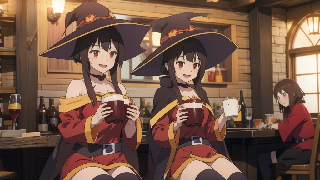 Megumin and Yunyun from the anime "Konosuba" are sitting at the tavern counter, both looking very pleased and smiling happily. Megumin is wearing her usual outfit, which consists of a black cloak, red robe, orange boots, and a black wizard's hat. She has shoulder-length dark brown hair and strange dark crimson eyes. The two girls are holding large wooden mugs filled with foamy beer.