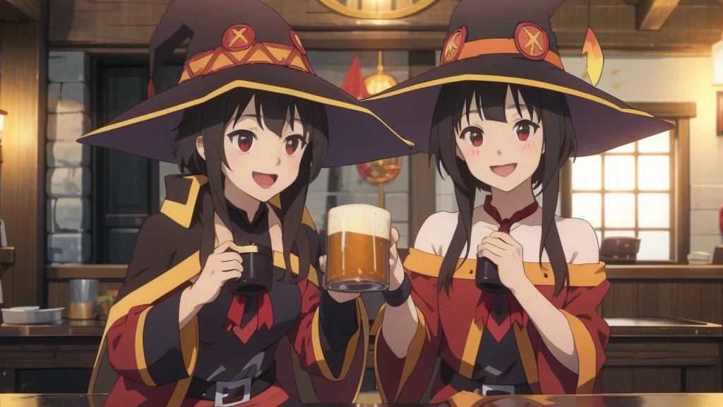 Megumin and Yunyun from the anime "Konosuba" are sitting at the tavern counter, both looking very pleased and smiling happily. Megumin is wearing her usual outfit, which consists of a black cloak, red robe, orange boots, and a black wizard's hat. She has shoulder-length dark brown hair and strange dark crimson eyes. The two girls are holding large wooden mugs filled with foamy beer.