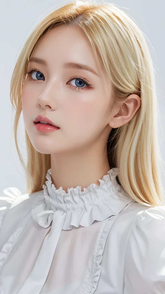 (((White Blonde、forehead、White background、Frilled blouse)))、Beautiful and fair、Glowing Skin, 3 Up, nice, bright, Refreshing and gentle look, Perfect beautiful face、White Blondeのロングヘア,Beautiful shiny bangs, Very beautiful girl, eyeliner, So perfect and beautiful、Lovely large, clear, sky-blue eyes,Very large breastuscular body,