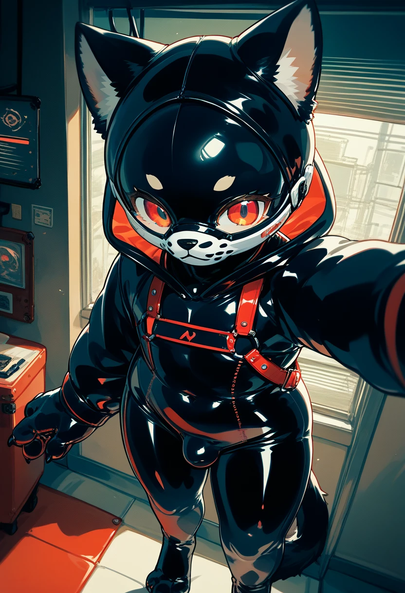 Highest quality, Highest quality, High quality illustrations, masterpiece, Ultra-high resolution, Detailed Background, room, Absurd, Perfect Anatomy, performance, Good lighting, Shadows in the movies(kemono, Furry PersonifiCation), Cat, Black Skin, Rubber suit, Rubber suit, latex, neon, neonライト, neonカラー, White Rubber Hoodie, Rubber mask, Red harness, juvenile, null bulge, From above