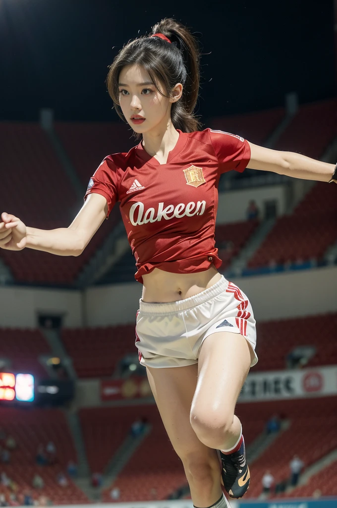 (((best quality))), (((ultra detailed))), (((masterpiece))), illustration,(a beautiful girl,female footballer,solo),(short ponytail:1.2),Spanish team,(short sleeves:1.2),((red jersey, blue shorts)),((slim,thin)),((small breasts,flat chest))),(slender legs:1.2),(football:1.3),determination, agility, passion, dedication, energetic crowd, vibrant atmosphere, electric, invigorating, chaotic, aggressive movements, powerful kicks, elegance, composure, intensity, sports, moment, perseverance, stands, packed stands, enthusiastic fans, roaring, supportive, cheering, chanting, sheen of sweat, skillful, dynamic, picturesque, atmospheric, action-packed, dramatic, realistic,adium, night game, stadium lighting, passionate player, focus, determination, talent, artistry, movement, speed, grace,(standing:1.3),((from front,full body)),(night scene:1.3)