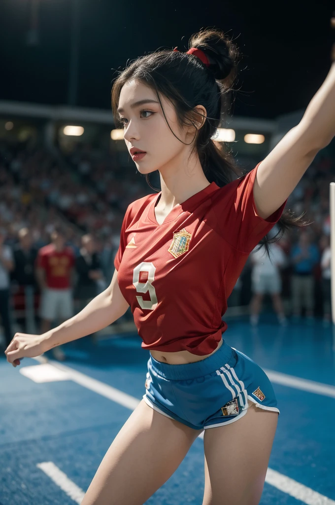 (((best quality))), (((ultra detailed))), (((masterpiece))), illustration,(a beautiful girl,female footballer,solo),(short ponytail:1.2),Spanish team,(short sleeves:1.2),((red jersey, blue shorts)),((slim,thin)),((small breasts,flat chest))),(slender legs:1.2),(football:1.3),determination, agility, passion, dedication, energetic crowd, vibrant atmosphere, electric, invigorating, chaotic, aggressive movements, powerful kicks, elegance, composure, intensity, sports, moment, perseverance, stands, packed stands, enthusiastic fans, roaring, supportive, cheering, chanting, sheen of sweat, skillful, dynamic, picturesque, atmospheric, action-packed, dramatic, realistic,adium, night game, stadium lighting, passionate player, focus, determination, talent, artistry, movement, speed, grace,(standing:1.3),((from front,full body)),(night scene:1.3)