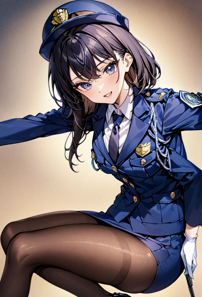 woman１people、Woman police officer、紺色のWoman police officer、Woman police officerの制帽、Uniform Buttons、Collared shirt、Black tie、Navy blue pencil skirt、Black Pantyhose、Uniform jacket、Black pumps、White gloves