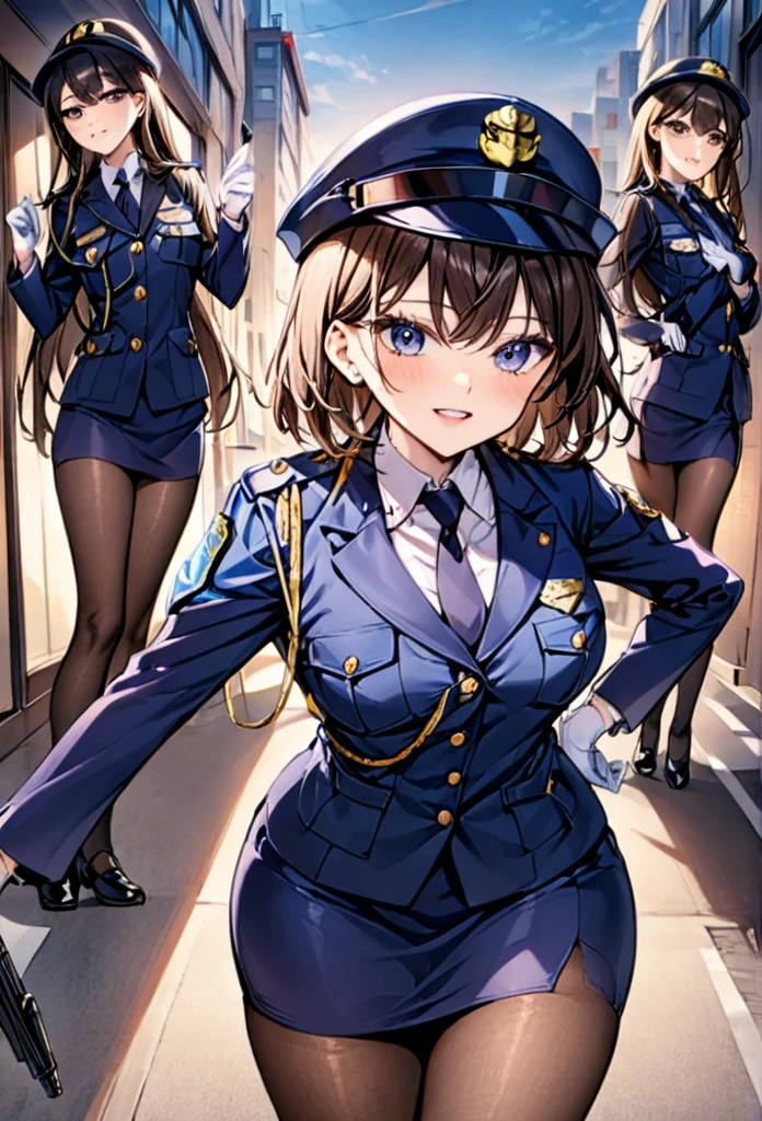 woman１people、Woman police officer、紺色のWoman police officer、Woman police officerの制帽、Uniform Buttons、Collared shirt、Black tie、Navy blue pencil skirt、Black Pantyhose、Uniform jacket、Black pumps、White gloves