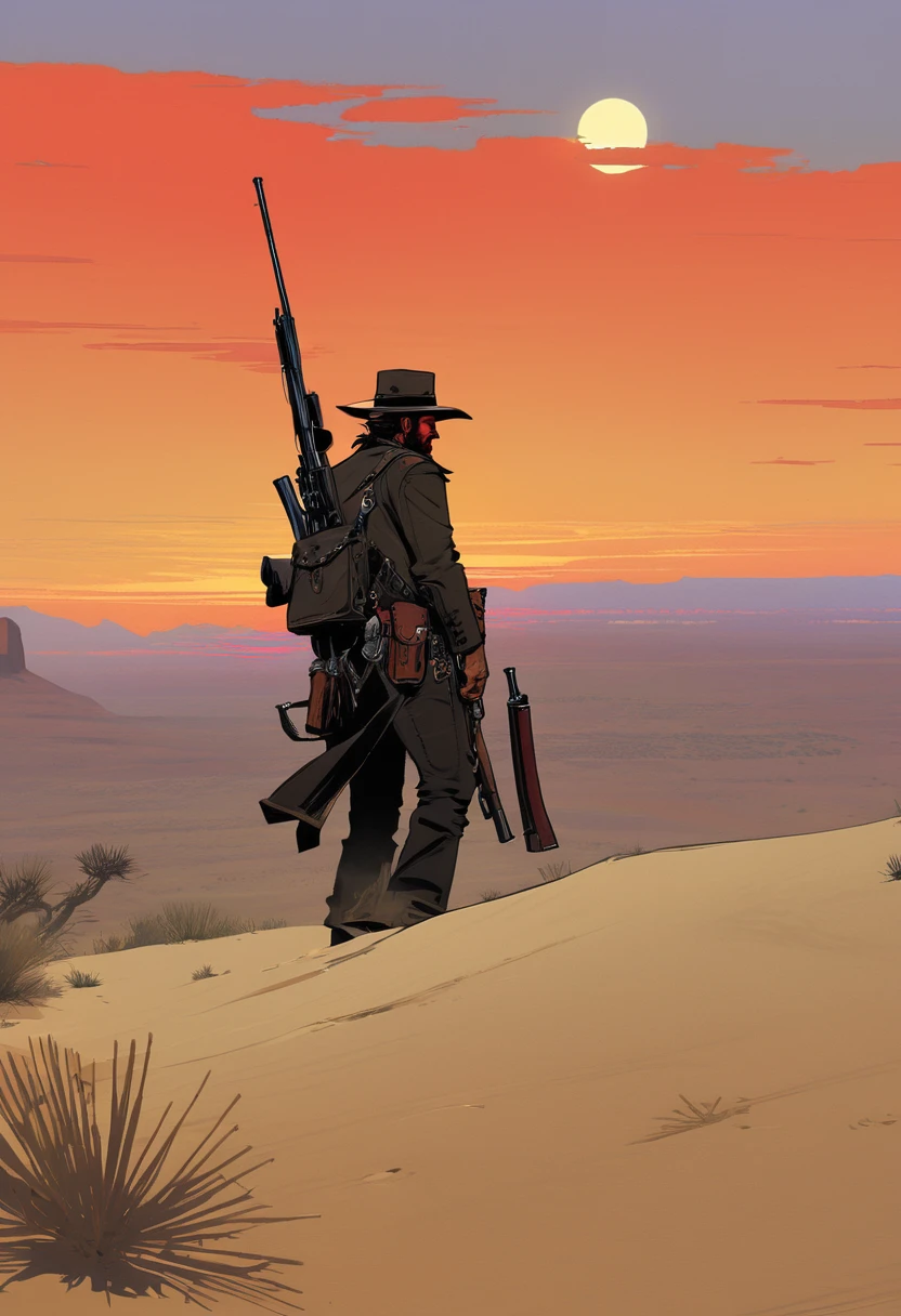 score_9, score_8_up, score_7_up, score_6_up, score_5_up, score_4_up, 1man, Western, Desert, red sun, scorching sun, arid, black clothes, Horizon, far away, Eyes shining, old sniper carabina, Year 1600, Wild West, red dead Redemption, cartoon