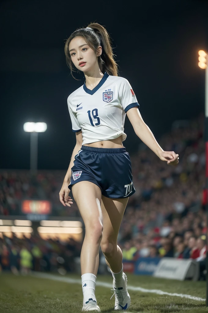 (((best quality))),(((ultra detailed))),(((masterpiece))),illustration,((1 beautiful girl,female footballer,solo)),((small breasts,flat chest)),((slim,thin)),summer night,stadium,crowded stands,enthusiastic spectators,football match,(short ponytail:1.2),(short sleeves:1.2),((England team kit,white shirt,Navy shorts)),(slender legs:1.2),(football:1.3),fluid movements,powerful,sweat,forehead,exhaustion,passion for football,purposeful running,electric atmosphere,crowd roar,critical juncture,pressure,undeterred,floodlights,luminous glow,long shadows,drama,breathtaking sight,raw passion,unbridled energy,determination,skill,embodiment of sport's spirit,strength,resilience of human spirit,(standing:1.3),((from front,full body))