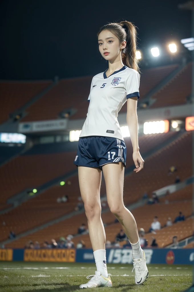 (((best quality))),(((ultra detailed))),(((masterpiece))),illustration,((1 beautiful girl,female footballer,solo)),((small breasts,flat chest)),((slim,thin)),summer night,stadium,crowded stands,enthusiastic spectators,football match,(short ponytail:1.2),(short sleeves:1.2),((England team kit,white shirt,Navy shorts)),(slender legs:1.2),(football:1.3),fluid movements,powerful,sweat,forehead,exhaustion,passion for football,purposeful running,electric atmosphere,crowd roar,critical juncture,pressure,undeterred,floodlights,luminous glow,long shadows,drama,breathtaking sight,raw passion,unbridled energy,determination,skill,embodiment of sport's spirit,strength,resilience of human spirit,(standing:1.3),((from front,full body))