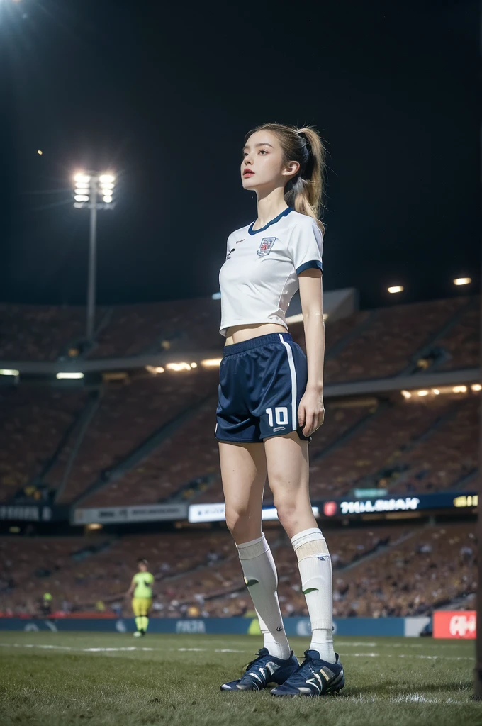 (((best quality))),(((ultra detailed))),(((masterpiece))),illustration,((1 beautiful girl,female footballer,solo)),((small breasts,flat chest)),((slim,thin)),summer night,stadium,crowded stands,enthusiastic spectators,football match,(short ponytail:1.2),(short sleeves:1.2),((England team kit,white shirt,Navy shorts)),(slender legs:1.2),(football:1.3),fluid movements,powerful,sweat,forehead,exhaustion,passion for football,purposeful running,electric atmosphere,crowd roar,critical juncture,pressure,undeterred,floodlights,luminous glow,long shadows,drama,breathtaking sight,raw passion,unbridled energy,determination,skill,embodiment of sport's spirit,strength,resilience of human spirit,(standing:1.3),((from front,full body))