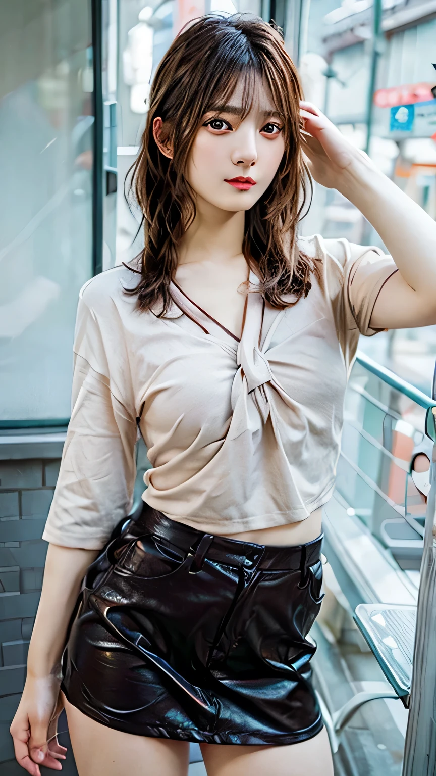 Highest quality, masterpiece, Ultra-high resolution, (Realistic:1.4), RAW Photos, One Girl, Brown Bob Hair, Detailed eyes and face,, Dynamic Lighting, moderate, whole body, Japanese, OL, suit, Tight Skirt, Beautiful breasts