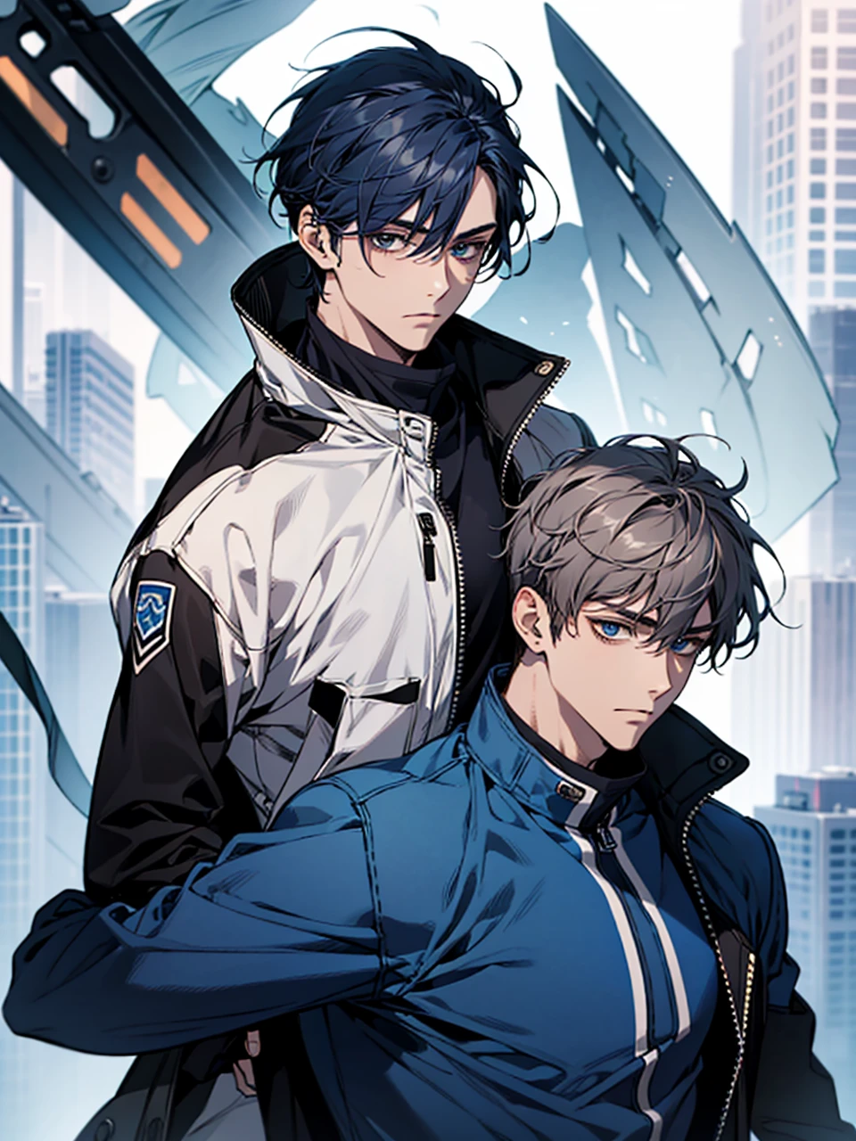 masterpiece, highest quality, confused, male,dark blue hair, low ponytail,Black and navy blue pilot suit,expensive,,Carrying Wolves,He has a dark blue coat draped over his shoulders.,There'there's no one behind me,dark blue eyes,Smile a little,Being with the wolves