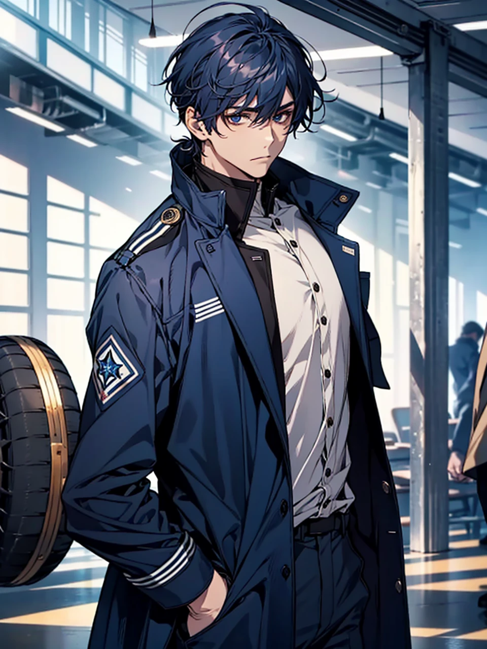 masterpiece, highest quality, confused, male,dark blue hair, low ponytail,Black and navy blue pilot suit,expensive,,Carrying Wolves,He has a dark blue coat draped over his shoulders.,There&#39;there&#39;s no one behind me,dark blue eyes,Smile a little,Being with the wolves
