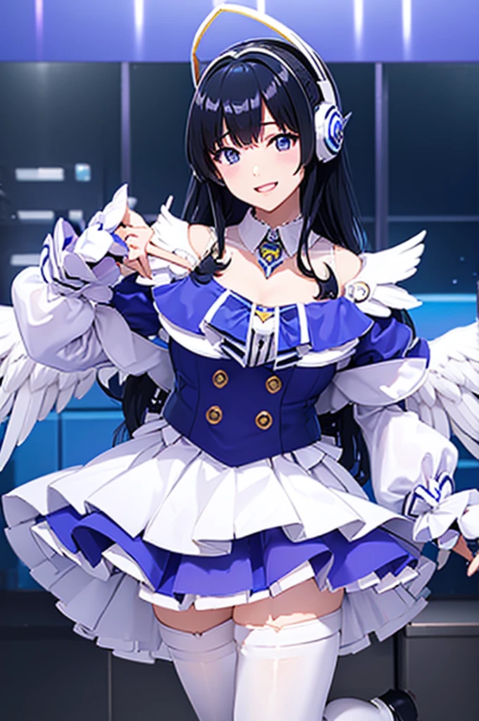 Mecha Wings、White and blue skirt、Accentuated thighs、White tights、chest、Beautiful black hair、1 girl、solo girl、Thick thighs、is、Frame Arms Girl、Alice Gere Aegis、White Armor、Blue and purple lines、income、headphone、hand on own chest、smile、idol costume
