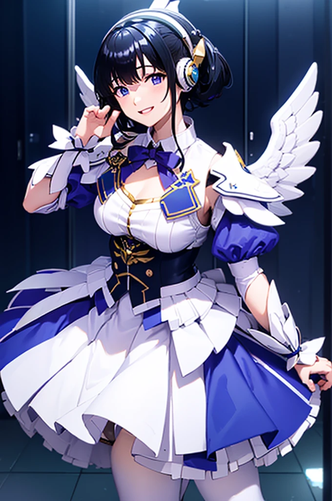 Mecha Wings、White and blue skirt、Accentuated thighs、White tights、chest、Beautiful black hair、1 girl、solo girl、Thick thighs、is、Frame Arms Girl、Alice Gere Aegis、White Armor、Blue and purple lines、income、headphone、hand on own chest、smile、idol costume
