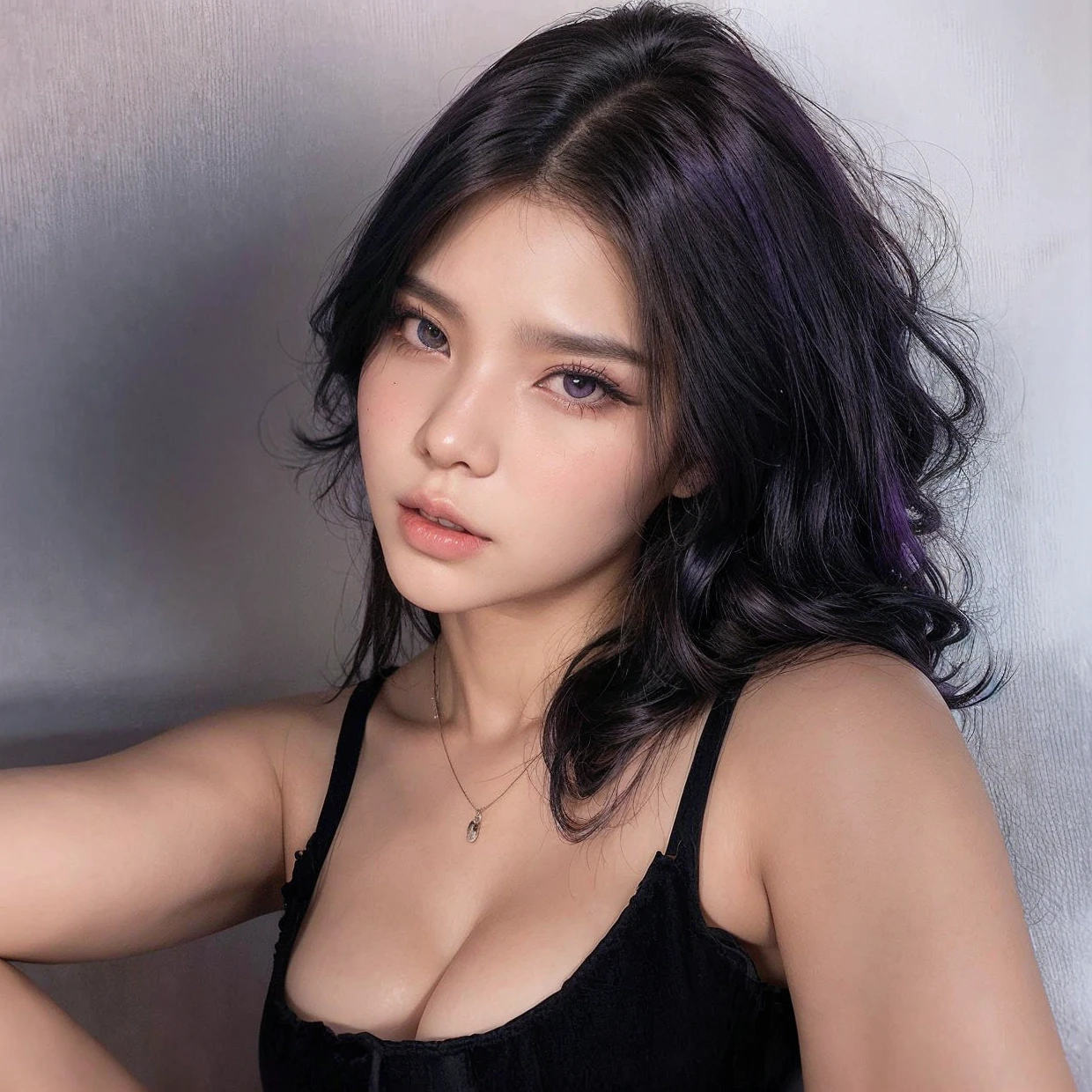 Araffe woman with long purple hair and wearing a violet corset., a photo of Yang J, tumblr, tachisme, korean girl, ulzzang, 🤤 girl portrait, shikami, bbwchan, Asian girl, beautiful Asian girl, Beautiful young busty Korean girl