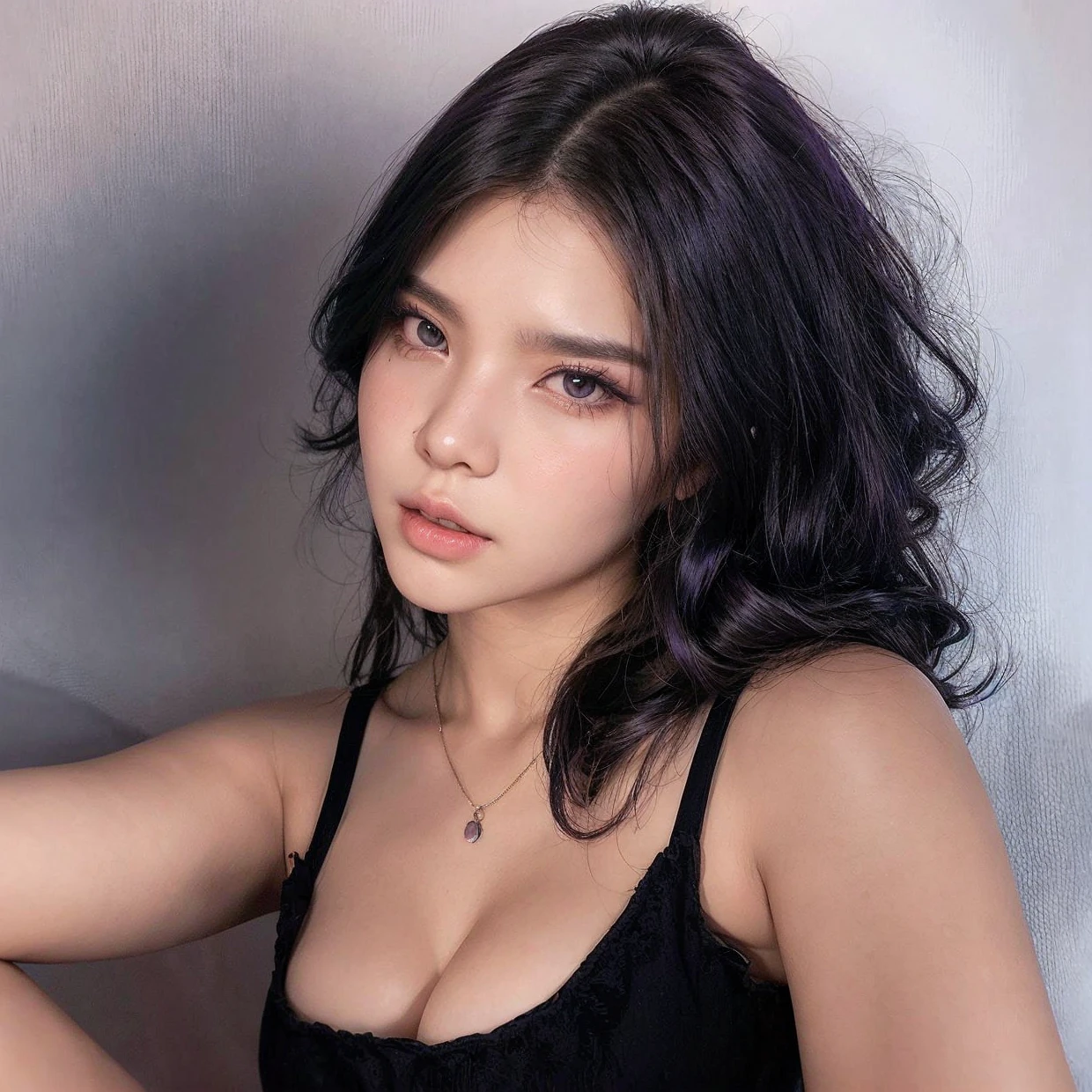 Araffe woman with long purple hair and wearing a violet corset., a photo of Yang J, tumblr, tachisme, korean girl, ulzzang, 🤤 girl portrait, shikami, bbwchan, Asian girl, beautiful Asian girl, Beautiful young busty Korean girl