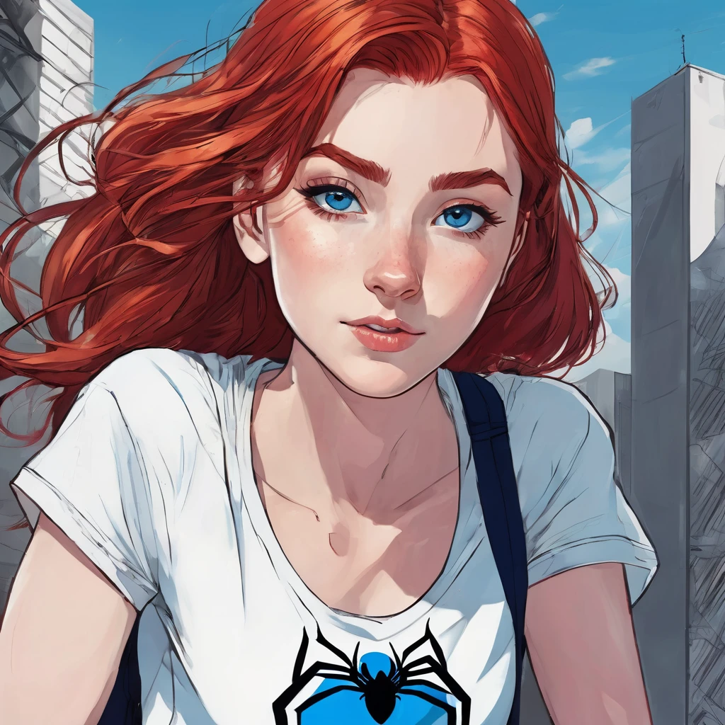Make me a picture of a red-haired boy, white-skinned, red hair, blue colored eyes, and effeminate structure, and wearing a short white top t-shirt showing her slim waist with a heart design with Spiderman's face in the center of the t-shirt and jeans.