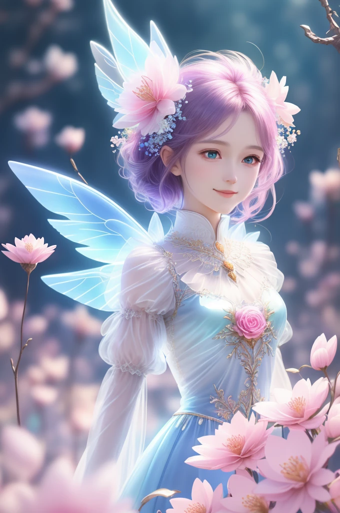 1 hole,Beautiful Transparent Flower Fairy, Transparent colored wings, The wand vibrates in the wind、The wand glowed with starlight,Golden wand,beautiful blue sky and white clouds、Girls have transparent wings、smile gently、beautiful garden background、Smooth and transparent,anatomical correct, delicate pattern,Pink space, soft lighting, ( bokeh),work of art, super verbose, epic composition, highest quallity, 8K,Epic Romantic Fantasy Digital Art,Epic fairytale fantasy digital art,Mythological fantasy,UHD resolution,Detailed detailed drawing,realistically,very realistic,cinematic lighting,an award-winning photograph,rich colors,hyper-realistic lifelike texture,dramatic lighting