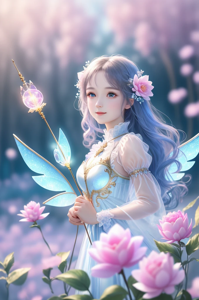 1 hole,Beautiful Transparent Flower Fairy, Transparent colored wings, The wand vibrates in the wind、The wand glowed with starlight,Golden wand,beautiful blue sky and white clouds、Girls have transparent wings、smile gently、beautiful garden background、Smooth and transparent,anatomical correct, delicate pattern,Pink space, soft lighting, ( bokeh),work of art, super verbose, epic composition, highest quallity, 8K,Epic Romantic Fantasy Digital Art,Epic fairytale fantasy digital art,Mythological fantasy,UHD resolution,Detailed detailed drawing,realistically,very realistic,cinematic lighting,an award-winning photograph,rich colors,hyper-realistic lifelike texture,dramatic lighting