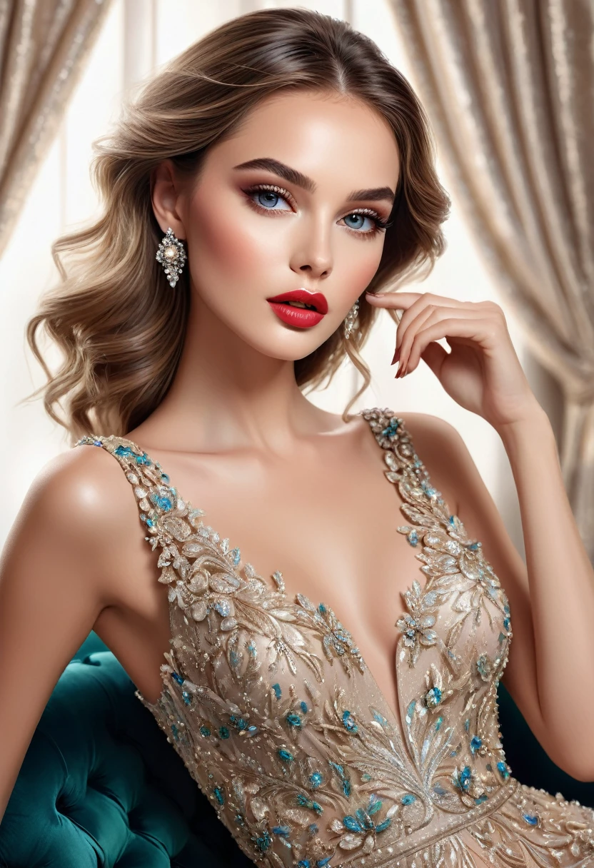 best qualityer,high resolution,fashion illustration,elegant model,beautiful and delicate eyes,Detailed lips and face,Elegant glamor,Rail laying,shiny colors,Elegant dress,beautiful accessories,Professional studio lighting,Ultra-thin coating,lifelike textures,art tour