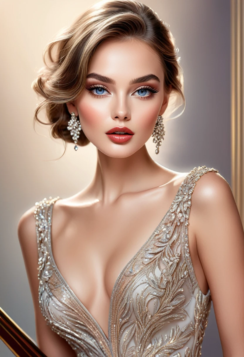 best qualityer,high resolution,fashion illustration,elegant model,beautiful and delicate eyes,Detailed lips and face,Elegant glamor,Rail laying,shiny colors,Elegant dress,beautiful accessories,Professional studio lighting,Ultra-thin coating,lifelike textures,art tour