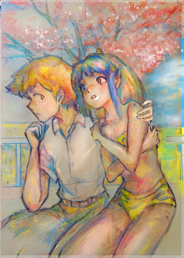 Painting of two couples sitting on a bench with trees in the background, Jamie Hewlett and Ayami Kojima, Frank Franzeta and Sakimi-chan, drawn by Anime Painter Studio, Yukika Kamisaka, Shingei, Nobutada Yanagawa, 90s anime art style, Japanese anime style, vintage colors in anime, Lum and Ataru from Urusei Yatsura