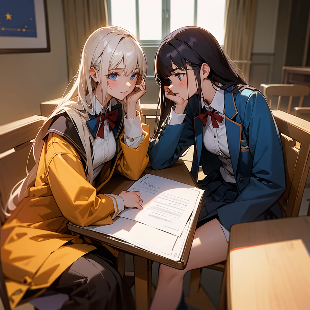 Two European high school students in student clothes sitting at the table