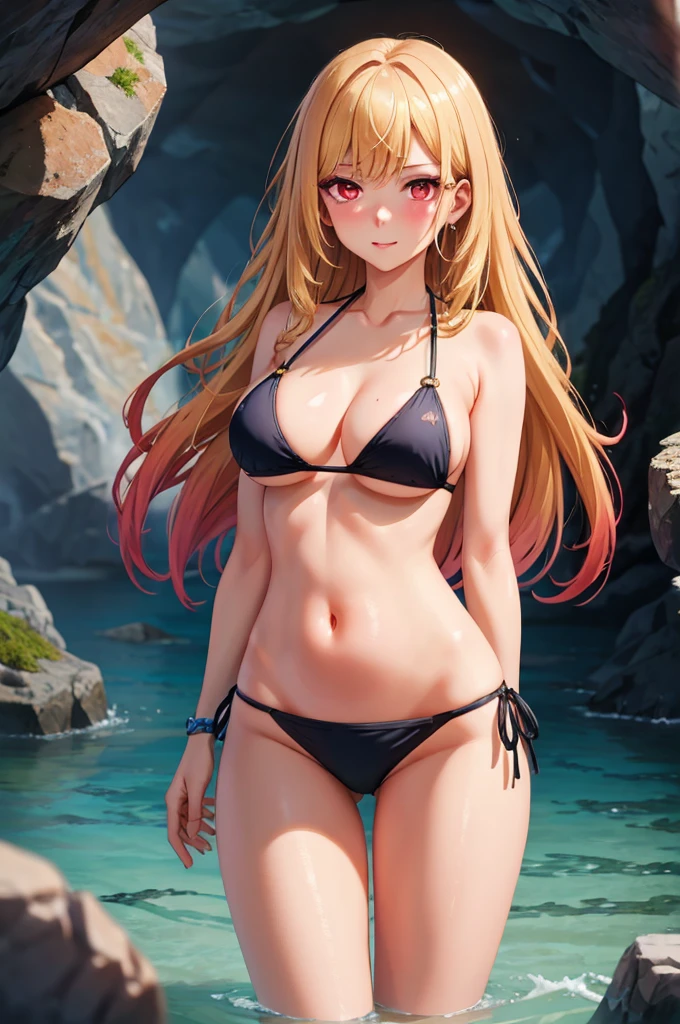 masterpiece, highres, highest quallity, ultra detailed, detailed face, detailed eyes, best quality, hyper detailed, masterpiece, detailed face,beautiful detiled eyes,beautiful face,perfect body,professional lighting,(1lady,blonde long hair,red eyes),bikini,cowboy shot break,standing in the sea around cave,a glimpse of tentacles,
