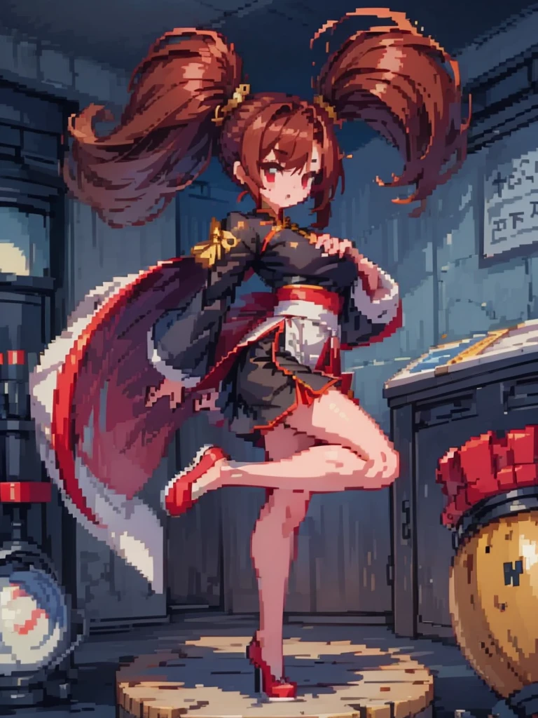 do, Highest quality, 8K, Pixel Art, ((One woman)), whole body, fine, fineな顔, {{Chinese clothing, red, mini, Tai Chi Pattern}}Chinese clothing, Brown Hair, Ring-shaped hair, Twin tails, Roundhouse kick, {Circular kick}, legs raised high, kick trajectory, effect, 炎のeffect, 派手なeffect