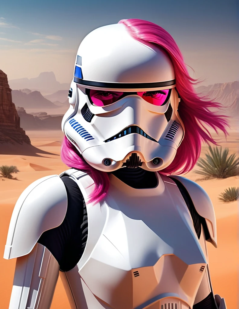 very attractive 25 year old female with long bright pink hair, Close-up of a female Imperial stormtrooper against the backdrop of the desert, based on concept art by Magalie Villeneuve, trending on cg society, AB """Star Wars"": The Old Republic", influenced by Ralph McQuarrie's concept art. The stormtrooper has a strong and confident expression on his face, emphasizing detailed facial features, such as beautiful detailed eyes, detailed lips, and extremely detailed eyes and face. She is dressed in the traditional white armor of a stormtrooper, With a sleek and futuristic design. In the background is a lifeless desert. A work of art is visualized in the environment, Combining illustration elements, 3D Rendering, and photography, The result is a visually stunning and immersive piece. The colors and lighting are bright and dynamic, Enhancing the overall atmosphere of the artwork. Image quality is paramount, With the best quality, 4K or 8K resolution, hight resolution, And a masterpiece:1.2, which makes it a true masterpiece in terms of quality and detail.