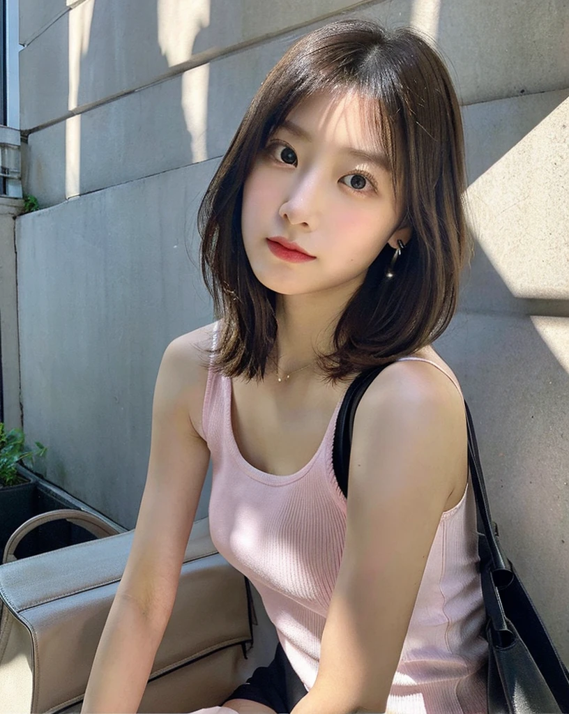 In the Shade、Crouching、Lower your gaze、Look inside the grey bag、Check the documents、Young and beautiful、Sexy、Super busty、Insurance saleswoman。she、With short black hair、Wearing a pale pink, see-through sleeveless shirt、From the side of the sleeveless top、Her bra is visible。She was wearing an off-white tight see-through miniskirt.、The exposed thighs are troubling。she、With a round face、drooping eyes、Cute beauty。