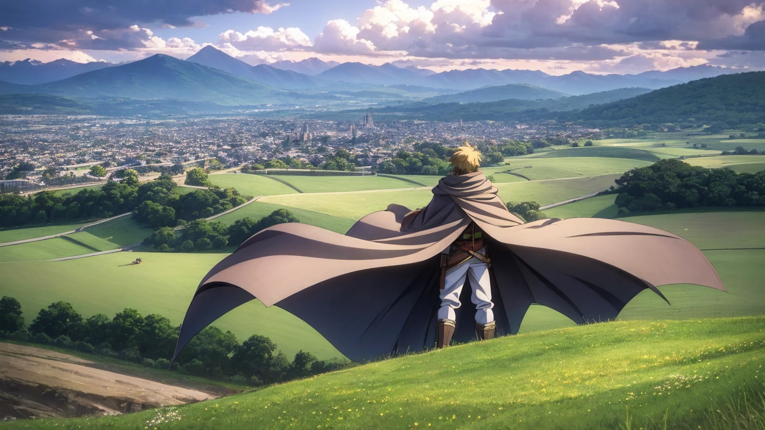 A 16:9 anime-style illustration depicting a male adventurer standing on a hill, overlooking a grand city below. The male adventurer is dressed in fantasy attire, including a cloak and light armor, and is carrying a sword. The city below is vast and majestic, with towering buildings, winding streets, and a bustling atmosphere. The hill is covered in green grass and wildflowers, and the sky is clear with a few fluffy clouds. The scene evokes a sense of adventure and wonder.