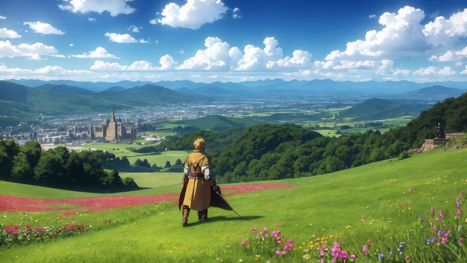 A 16:9 anime-style illustration depicting a male adventurer standing on a hill, overlooking a grand city below. The male adventurer is dressed in fantasy attire, including a cloak and light armor, and is carrying a sword. The city below is vast and majestic, with towering buildings, winding streets, and a bustling atmosphere. The hill is covered in green grass and wildflowers, and the sky is clear with a few fluffy clouds. The scene evokes a sense of adventure and wonder.