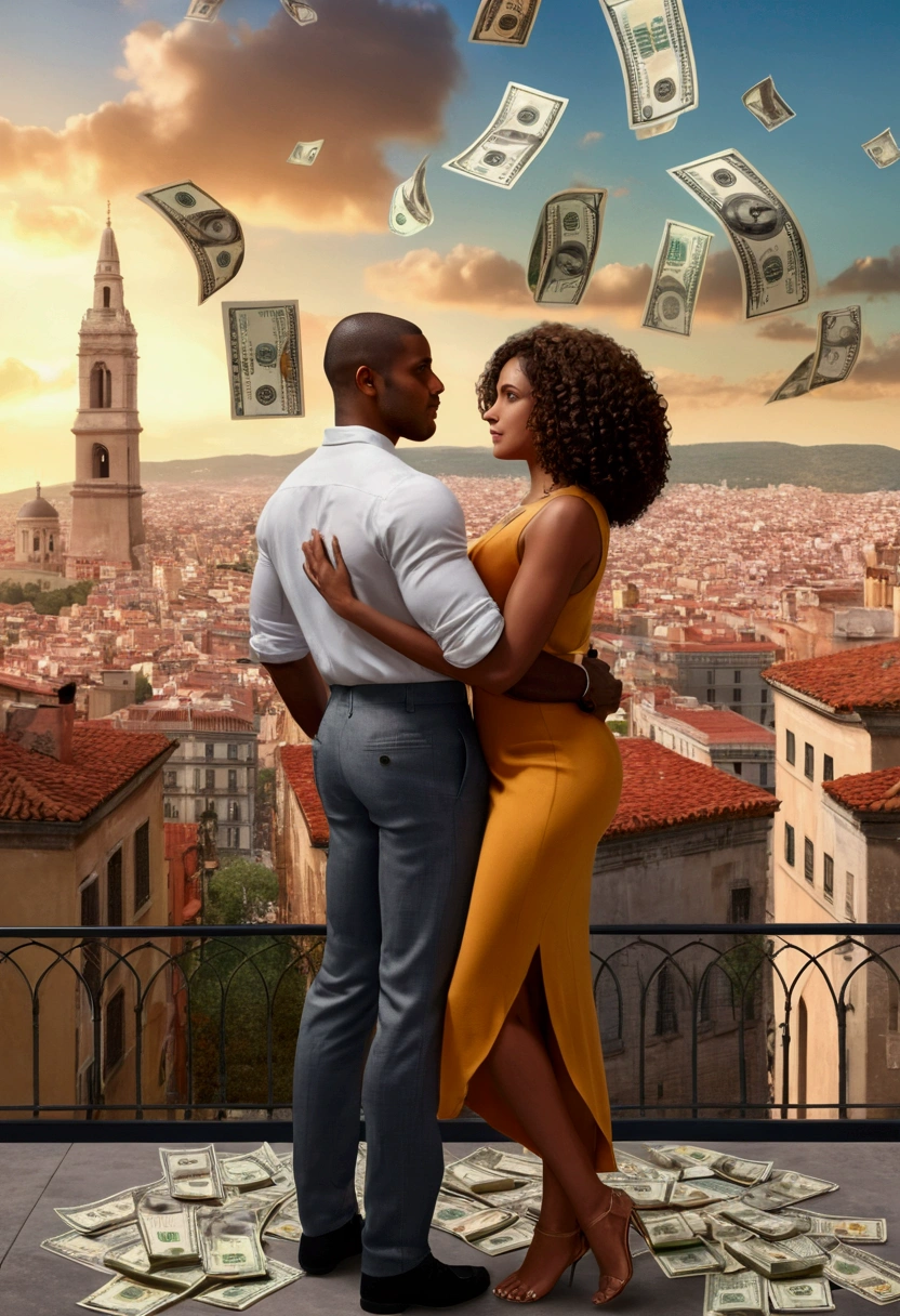 a romantic city in the background, a beautiful couple black man and latin woman, romantic posture, Casual clothes, many luxury and money bills in the air, hyperrealistic image, artistic, Surreal, 8k, imagen artistic