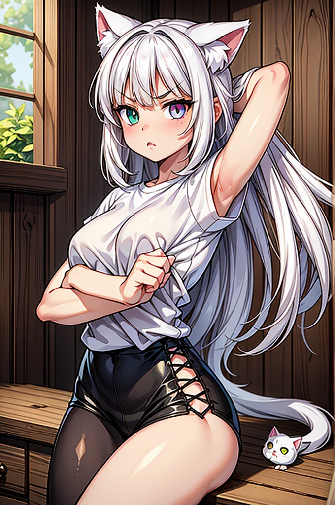 1 female, small teen cat girl, puffy cheeks, realistic lips oversized white t-shirt going all the way to the thighs, arms crossed propping up breast, hourglass figure, heterochromia eyes, cat pupils, flowy hair, white hair, annoyed, cat ears, in a cabin, best quality
