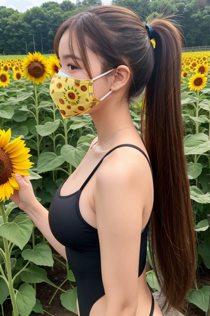 1 girl, sunflower field, 1 woman, idol, ponytail, brown hair, wear a mask, take off your swimsuit