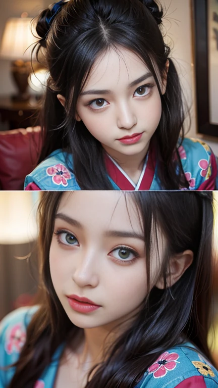 Highest quality, 4K, High resolution, masterpiece:1.2, Very detailed,(front:1.9), (Realistic, Realistic, Realistic:1.6), Vibrant, Red and blue eyes,Strong gaze,Seductive eye contact,Bright red iris,Dark blue shining star,Sparkling eyes,Vibrant colors,(Face the front:1.5),Fantasy art,(masterpiece:1.2, Highest quality), (Realistic, photoRealistic:1.4), Beautiful illustrations, (Natural Side Lighting, Cinema Lighting), Looking at the audience, Upper Body,((Highest quality)), ((masterpiece)), (Very detailed:1.3),(masterpiece), Highest quality, Expressive eyes, 完璧な顔を持つ美しい漫画のJapanese women, MangaKawaiiAnime, Beautiful Japanese Kimono, The kimono has a dragon embroidered on it.. Black and red clothing colors, Japanese women'Long hair, Black hair color, Ponytail Hairstyles, single eyelid, Hooded Eyestyle, Sensual, Sank, Fascinating and enigmatic., facial expression smile., Beautiful photo situation.Engage your audience、Engage your audience、Taunt viewers、Seductively seduced、花見で絶頂orgasm、Dripping wet pussy、Dripping wet pussy Percentage of fashion models、Percentage of fashion models、Porn Movies、Porn Movies、Porn Movies、whole body,Guffgh、突然のorgasm、突き抜けるorgasm、Pleasure that goes through、Pinpoint caressing、Pinpoint caressing、Pinpoint stimulation of erogenous zones、Stimulates the erogenous zones of the penis、Surrender、orgasm、