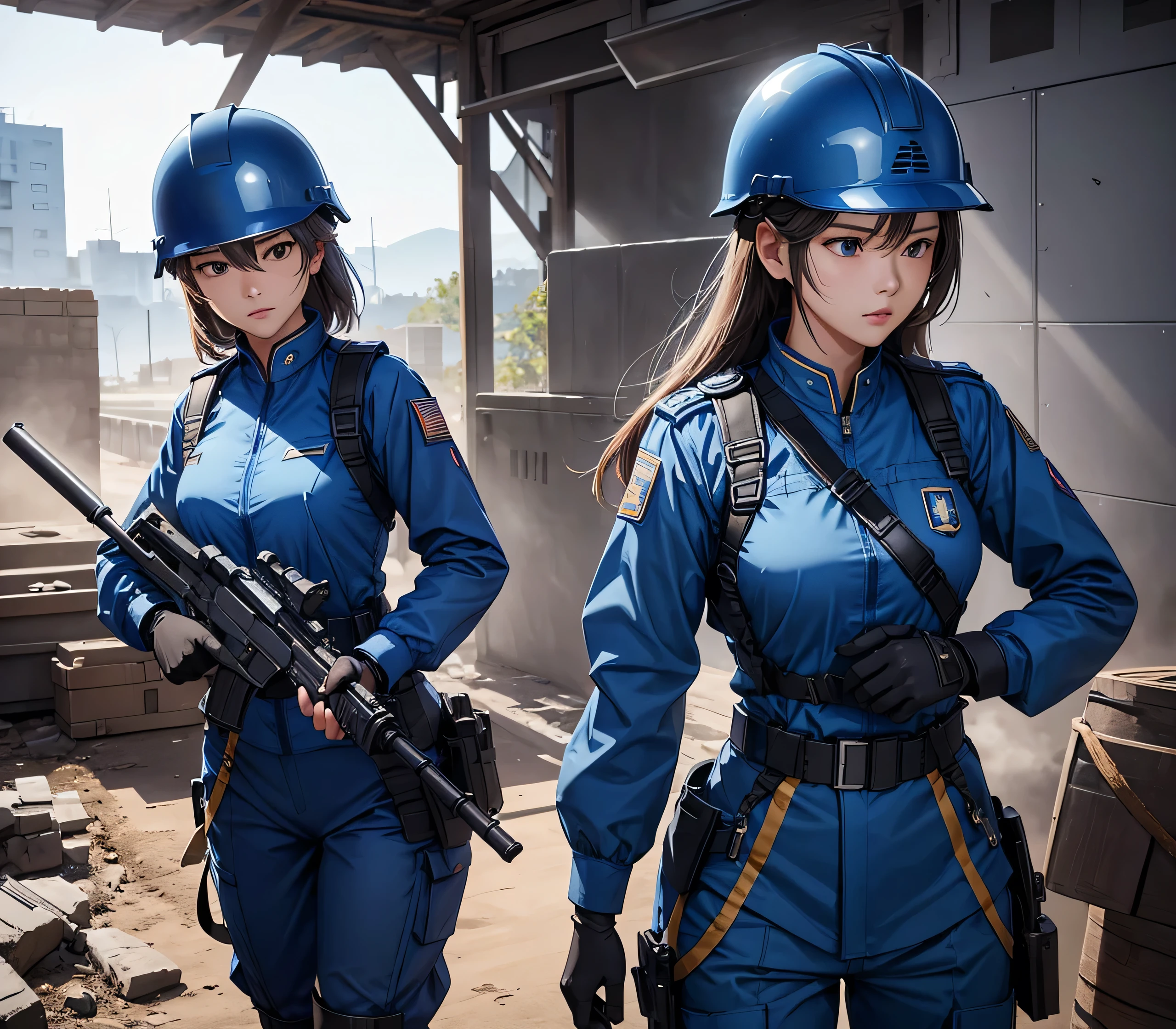 A group of female soldiers all wearing sapphire blue uniforms，Wear a steel helmet、Military Pants、Individual equipment set、Alert with guns、Write details、masterpiece、best quality、Highly detailed CG、8K picture quality